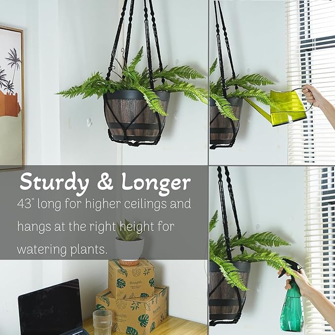 Bouqlife 43 Inches Macrame Plant Hanger Large for 14 inch Pot Extra Long No Tassel Cotton Rope Hanging Plant Holder with Ceiling Hook Bohemian Home Décor Black 2Pack