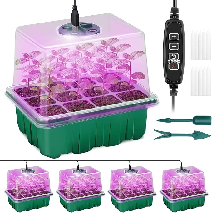 Qoolife Seed Starter Tray with Plant Light, 4 Pack Grow Lights for Seed Starting Kit with Humidity Domes, Timing Controller Adjustable Brightness for Greenhouse Propagator Station Planting Growing