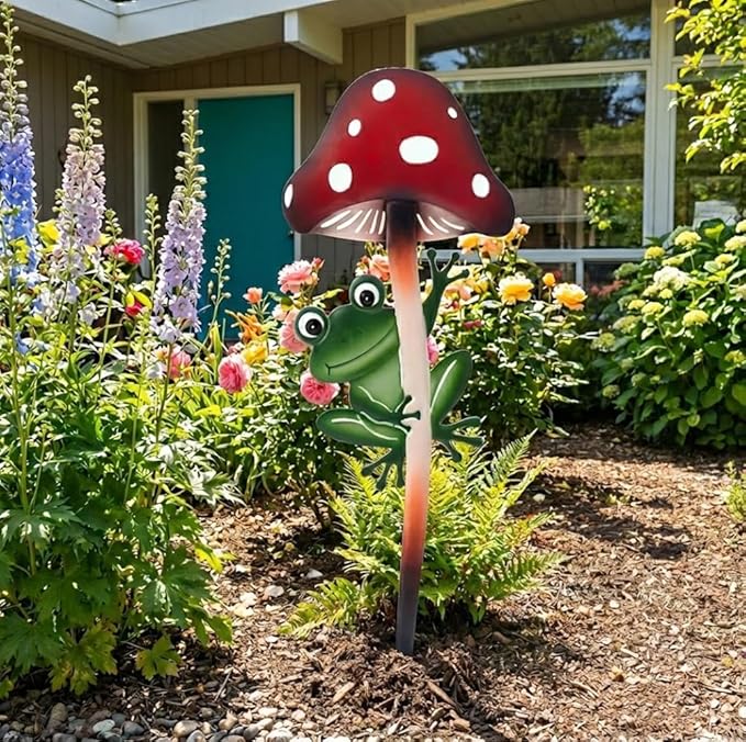 Napco Woodland Mushroom Frog 13.5 x 4.75 inches Red and Green Heavy Duty Metal Flower Plant Climbing Trellis Yard Art Stake, Indoor Outdoor Garden Décor
