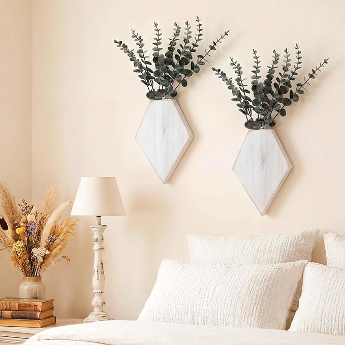 Chunful 2 Pcs Wooden Wall Planter Decor Hanging Faux Plants Greenery Flowers Holder Vase Boxes for Wall Bohemian Farmhouse Room Kitchen Office Indoor Decoration(Retro White,9.8 x 6.6 x 1.2 Inches)