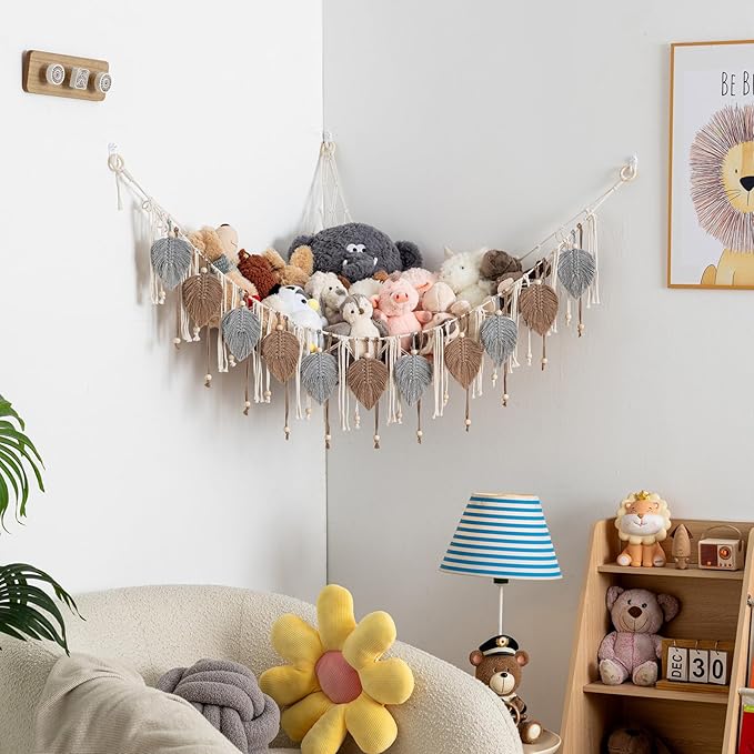 Pretty Jolly Macrame Stuffed Animal Hammock with Beads Hand Woven Leaf Tassels Corner Hanging Net Boho Plush Holder for Tosy Kid Room Nursery Decor Organizer for Girls Gift(Sage Green&Avocado Green)