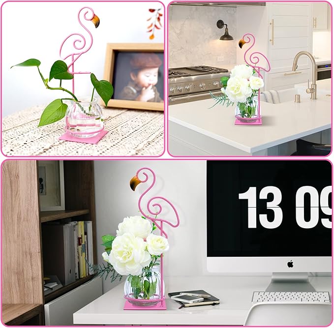 Desktop Glass Planter Vase Holder, esktop Glass Planter Hydroponics Vase，Metal Flamingo Plant Terrarium， Stand for Plants Creative Decorations for Home Patio Lawn Garden