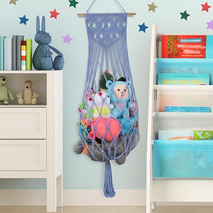 Stuffed Animal Storage Hammock Corner, 63'' Jumbo Boho Macrame Toy Holder Wall Mounted, Hanging Net Organizer for Nursery Decor, Dark Blue Plush Toy Net with Star Light for Boys Girls Gift