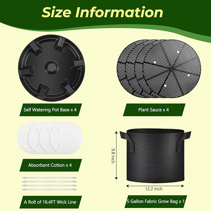MultiOutools 4 Pack Self Watering Pot Base with 5 Gallon Fabric Grow Bag, Self Water Pots for Indoor Plants, Auto Watering Plant Saucer for Fabric Planters for Garden Outdoors