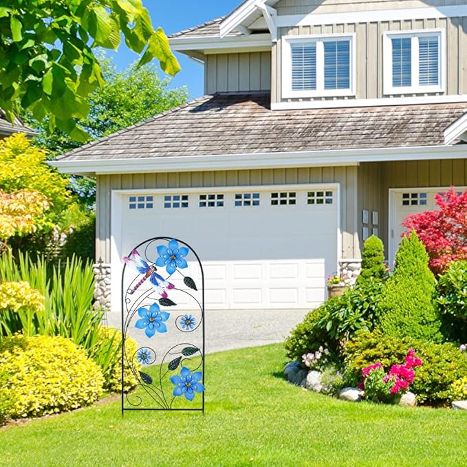 Garden Decor for Outside, YEAHOME 34 Inch Decorative Garden Stakes with Flowers Dragonflies, Metal Spring Yard Decorations for Outdoor Patio Lawn Backyard