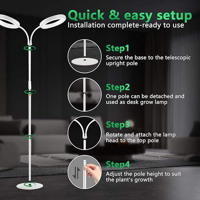 Floor Grow Lights for Indoor Full Spectrum Plant Lighting with Adjustable 67" Stand for Growing Large Tall Plants 3/9/12H Timer,3 Light Modes, 2Heads