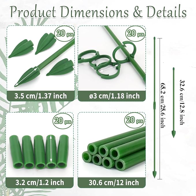 20 Pcs Plant Support Stakes, Garden Stakes for Indoor Plants, Tall Adjustable Plant Sticks with 20 Clips and 10 Connectors for Monstera, Tomato, Vine Potted Plants