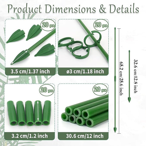 20 Pcs Plant Support Stakes, Garden Stakes for Indoor Plants, Tall Adjustable Plant Sticks with 20 Clips and 10 Connectors for Monstera, Tomato, Vine Potted Plants