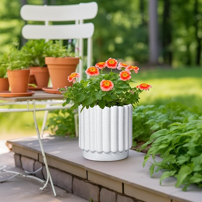 Ceramicfor Ceramic Plant Pots - 9.6 Inch Ceramic Planters with Drainage Hole, Round Flower Pots for Indoor Plants, Modern Fluted Large Planter Outdoor, Home Room Decor, Gardening Gifts, White