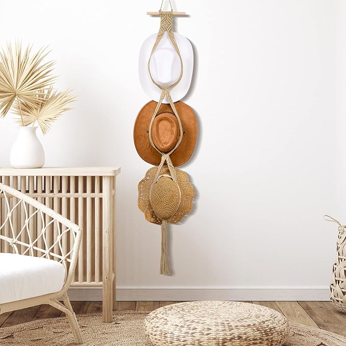 Yulejo Macrame Hat Hangers Boho Hat Rack Cowboy Hat Hanger Back of Door Hat Organizer (Beige,Three Hats Style)