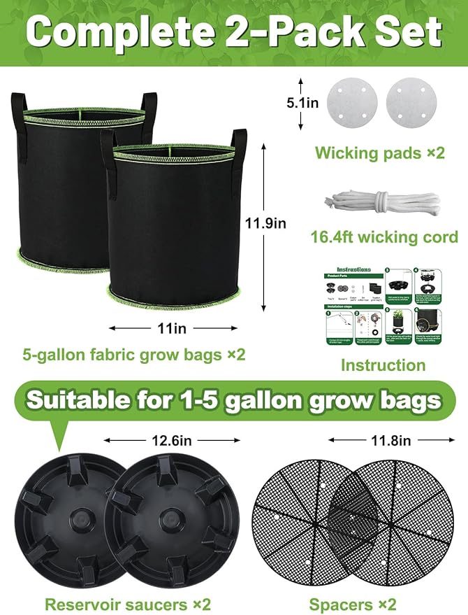 MADHOLLY Self Watering Pots for Indoor Plants with Grow Bags - 2 Pack 5 Gallon Thick Fabric Auto Irrigation Planter with Portable Handles, Water Storage Saucer, for Outdoor Vegetables, Herbs, Flower