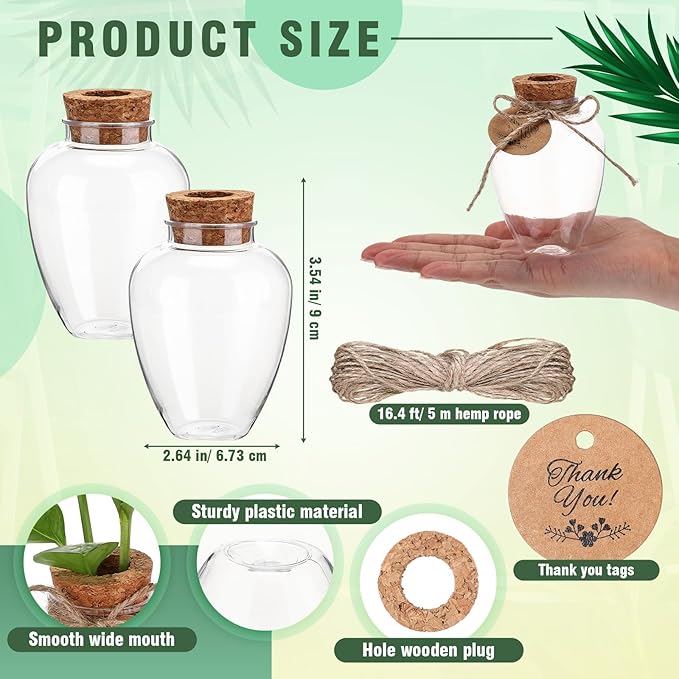 Baderke 48 Pack Big 10oz Plastic Plant Propagation Stations with Hole Lid Planter Vase Clear Propagation Jars with Thank You Tags for Plant Lover Gifts for Women Office Home Garden