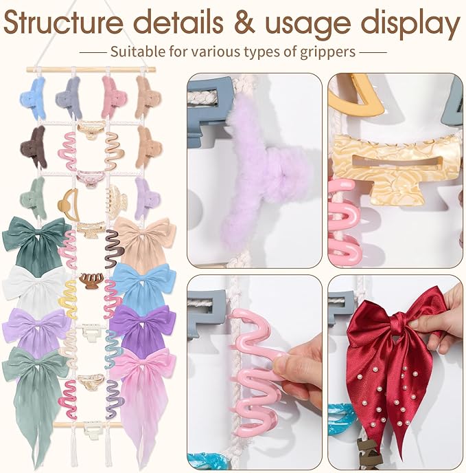 SNOWSTAR Macrame Hair Claw Clip Organizer,Hanging Hair Clip Holder and Storage for Women Girls,7-Layer Grid Claw Clip Hanger Home Decor for Wall,Door,Close