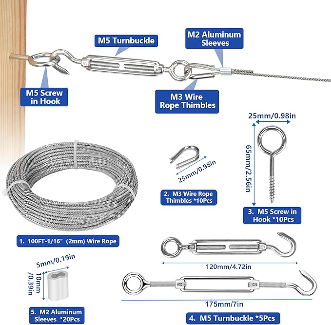 TooTaci Turnbuckle Wire Tensioner Kit, 100ft 1/16 Vinyl Coated Stainless Steel Wire Rope Cable with M5 Turnbuckles for Curtain, Garden Trellis, Picture, String Lights Hanging, Climbing Plants Outdoor