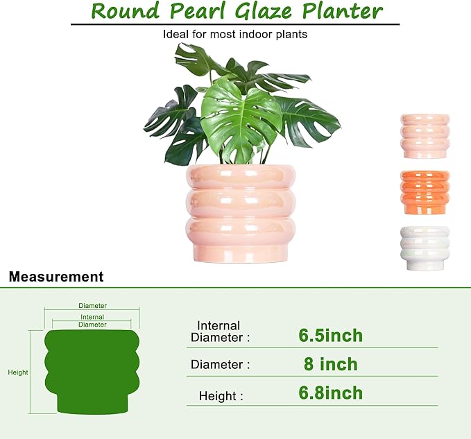 7.8 Inch Ceramic Plant Pots for Indoor Plants, Rainbow Pearl Glaze Planter with Planters for Plants with Drainage Hole, Orchid Pots, Succulent Pot, Flower Pot (Pink)