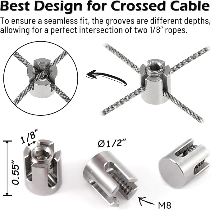40pcs 1/8" Cable Cross Clamps, T316 Stainless Steel Cross Cable Clamps for 3mm Wire Rope or Rod Fittings, No Drilling Clips for Wire Trellis Kits (Heavy Duty)