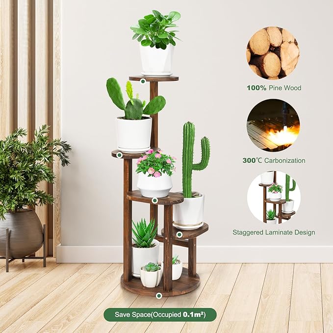 4 Tier Tall Plant Stand Indoor, Wood Corner Plant Shelf for Multiple Plants, Sturdy Oval Tiered Flower Pot Holder Display Rack for Living Room Balcony Patio, Carbonized Pine Wood