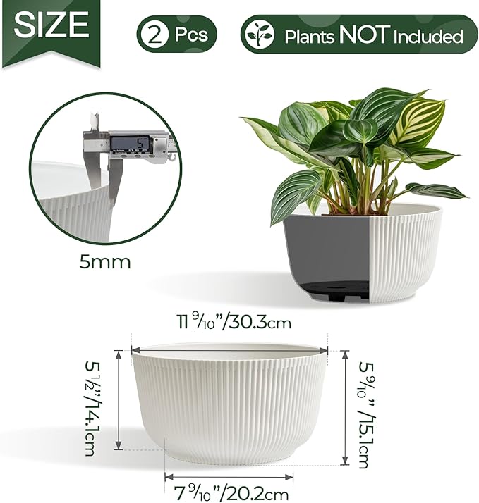 T4U 12 Inch Self Watering Pots for Indoor Plants, 2 Pack Large Plant Pots, Self Watering Planter for Indoor Plants, Durable Plastic Pots (2 Pack,12", White)