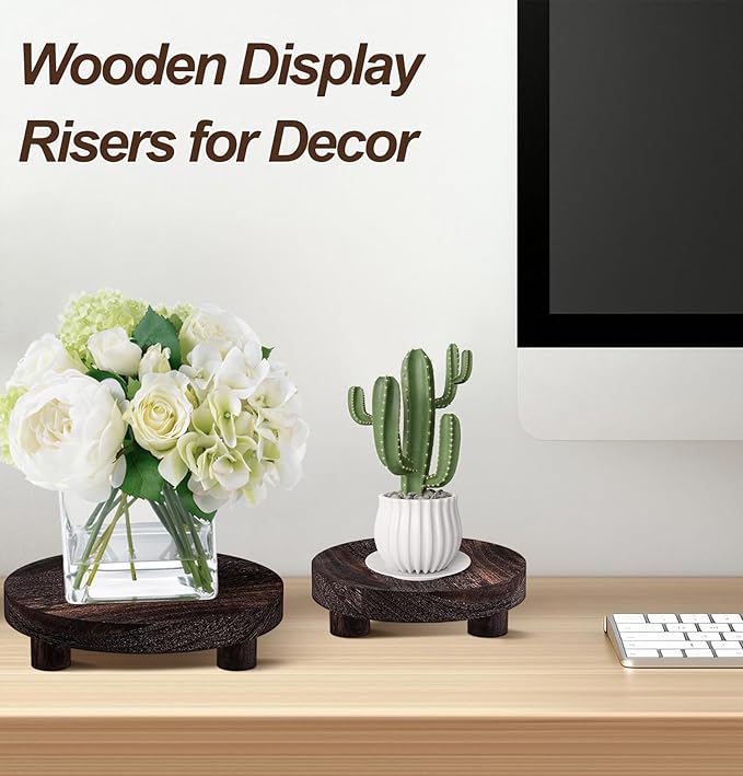 3 Pcs Wooden Risers for Display, Round Wood Riser Plant Stand 5/6/8" Pedestal Stand, Flower Pot Holder Small Planter Tray for Kitchen Home Décor (Rustic Brown)
