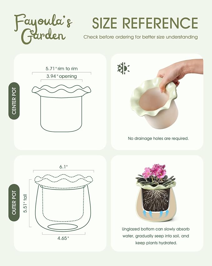 Fayoula Self Watering Plant Pot, 6 Inch African Violet Pots Maintenance, Ceramic Self-Watering Planter for Indoor Plants - Ideal Flower Pot for Thriving Indoor Gardens, Green
