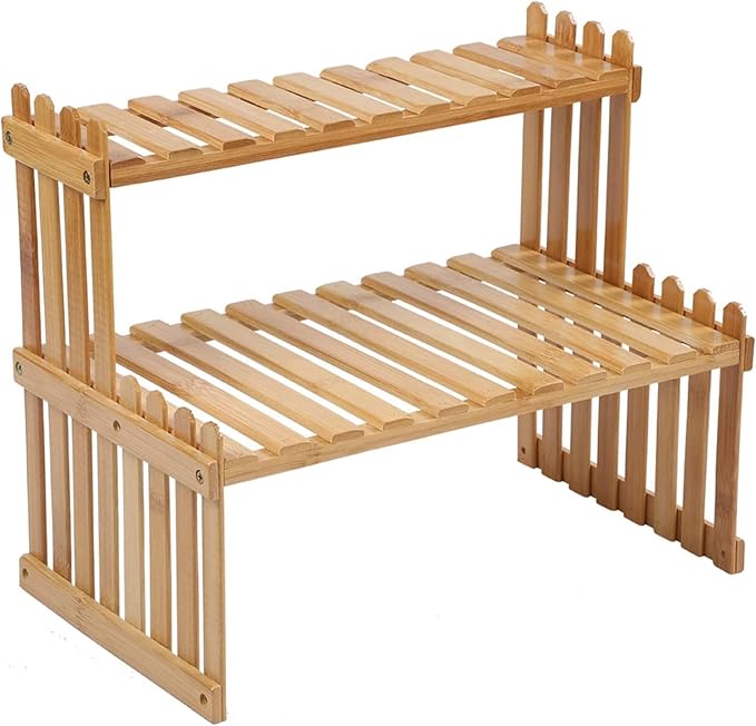 GURECOD 14.6"/18.5" 2 Tiers Bamboo Plant Stand Shelf,Desk Flower Pot Holder,Adjustable Desktop Shelf Display Organizer Ladder Rack for Office Decorate Storage Rack,Kitchen Rack (18.5" Length)