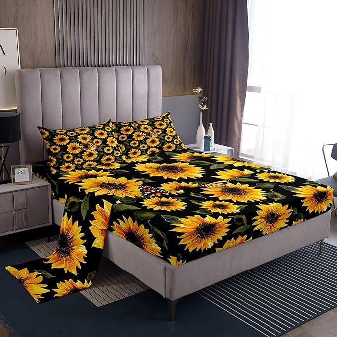 Feelyou Sunflower Bed Sheets Set Queen Girls Yellow Floral Butterfly Sheet Set for Kids Women Bedroom Chic Flowers Pattern Bedding Set Botanical Nature Bedding Ultra Soft Twin Size with 2 Pillow Case