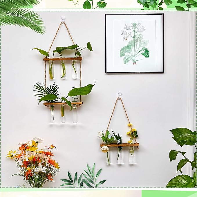 Leumoi 3 Pcs Wall Hanging Plant Propagation Station with Wooden Stand, 18 Glass Test Tubes, 1/2/3 Tiered Planters for Hydroponic Cuttings, Indoor Wall Decor, Office Home Garden Gift