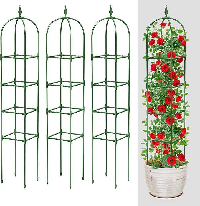 MYMULIKE 3 Pack Garden Obelisk Trellis for Climbing Plants Outdoor & Indoor - 6Ft Rustproof Garden Trellis Plant Support Cage for Vines, Flowers, Vegetables, Roses | Heavy-Duty, Adjustable