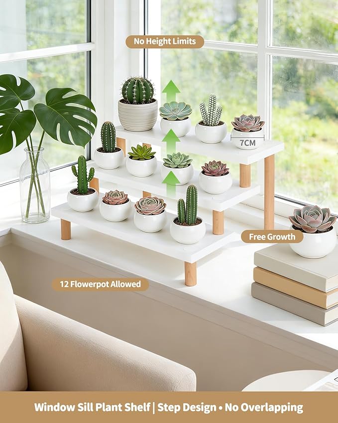 3 Tiered White Small Plant Stand Indoor, Window Sill Plant Shlef for Kitchen,Countertop,Office Desk,Table Top Succulent Stand , 15mm Thick Wooden, Ladder Shelf,Modern,(14.2")