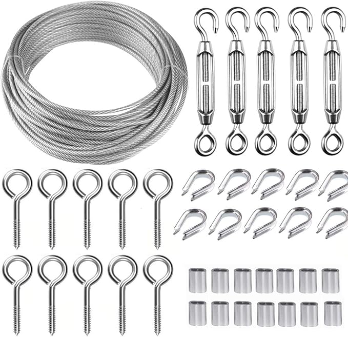 TooTaci Turnbuckle Wire Tensioner Kit, 100ft 1/16 Vinyl Coated Stainless Steel Wire Rope Cable with M5 Turnbuckles for Curtain, Garden Trellis, Picture, String Lights Hanging, Climbing Plants Outdoor