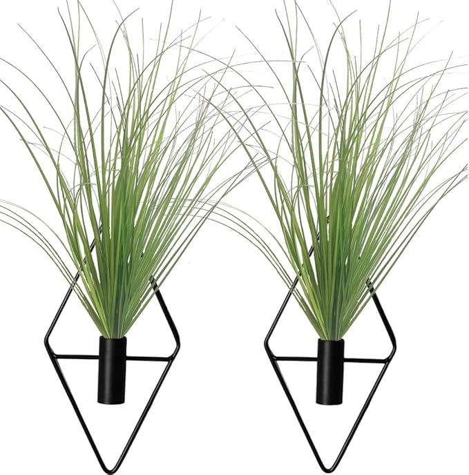 Hanging Planters with Artificial Plants, 2pcs Diamond Shape Metal Hanging Vase with Artificial Shrubs Wheat Grass Greenery Indoor Plants Holder Wall Decor for Home Living Room Bedroom Office (Black)