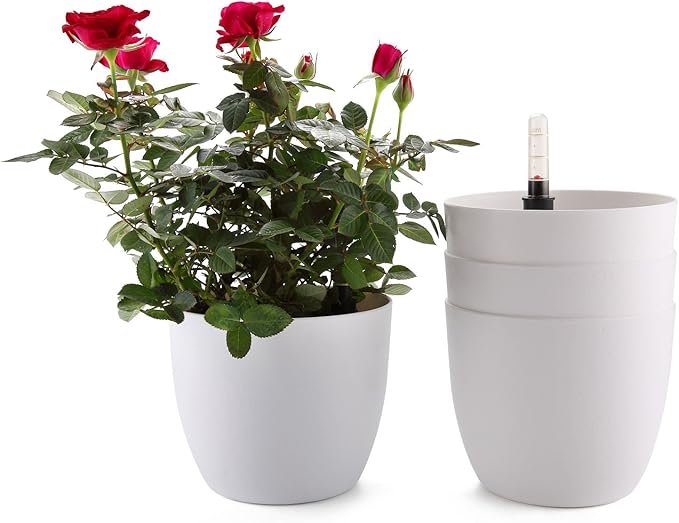 T4U 6 Inch Plastic Self Watering Planter with Water Level Indicator White Set of 4, Modern Decorative Planter Pot for All House Plants, Flowers, Herbs, African Violets, Succulents