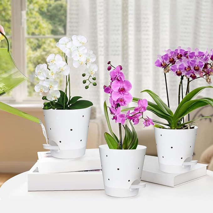 Vanslogreen Orchid Pots with Holes, 6 Inch Self Watering Orchid Pot 2 Pack Plastic Plant Pots for Orchid, Flower (White)