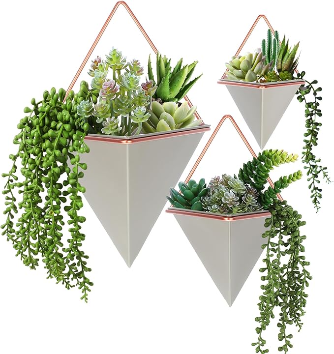Rtteri 15 PCS Gray Wall Hanging Planter Set with Artificial Succulents, 3 Ceramic Geometric Wall Planters in 3 Sizes, Modern Indoor Decor for Living Room Bathroom Office