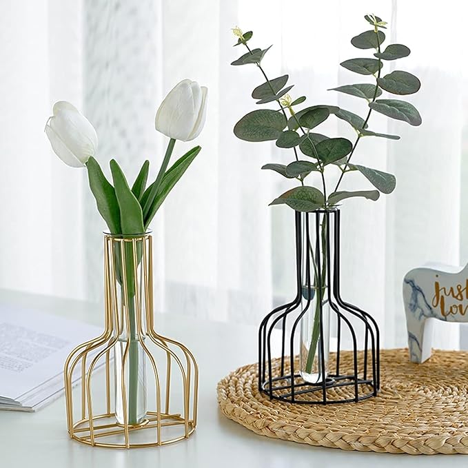 2 Pack Gold Black Table Vase,Metal Frame Geometric Vase Test Tube Clear Glass Vase Hydroponic Plants,Small Bud Vase for Home Farmhouse Office Table Desktop Decor (Gold Black)