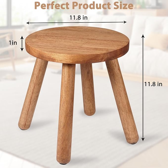 Round Solid Wooden Step Stool, 11.8''H Non-Slip Indoor Plant Stand, Portable & Sturdy Wooden Plants Stand, Gardening Display Footstool for Decor Living Room Patio -Walnut