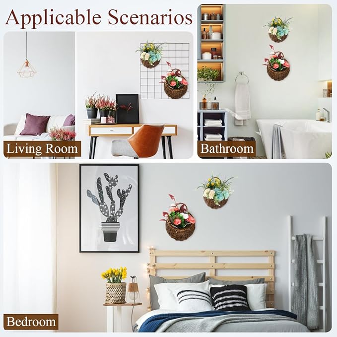 Yardwe 2Pcs Woven Wall Hanging Flower Baskets, Rattan Hanging Planters for Indoor Plants, Rustic Wall Decor Storage Containers, 12.20 X 10.62 X 4.72 Inches