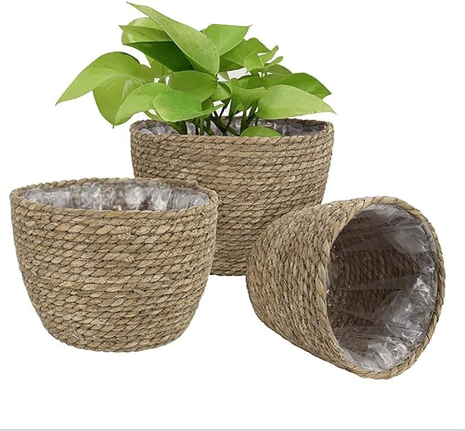 Seagrass Planter Basket Rattan Flower Basket Indoor Outdoor Flower Pots Cover Plant Pots Containers Straw Basket Rattan Vases Pots Home Decoration Flower Handmade Basket (#3)