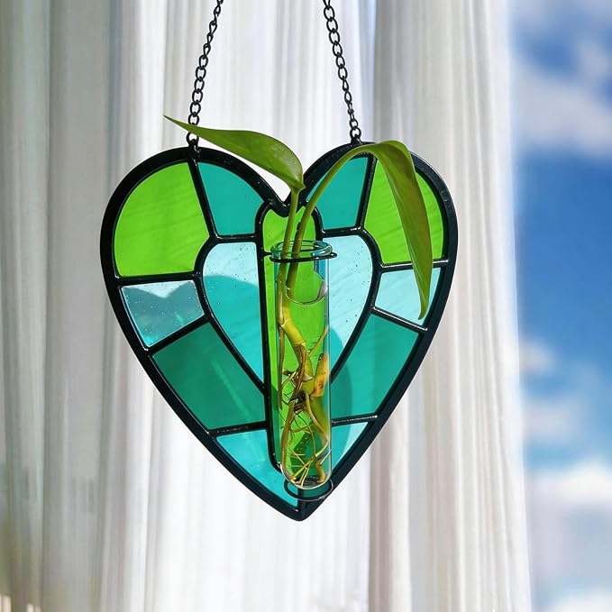 QLCBELOVE Stained Glass Plant Propagation Station, Handmade Suncatchers Window Hanging Decor, Hanging Hydroponic Planter Terrarium with 2 Glass Tubes for Home & Garden Decor, Green, Indoor Outdoor