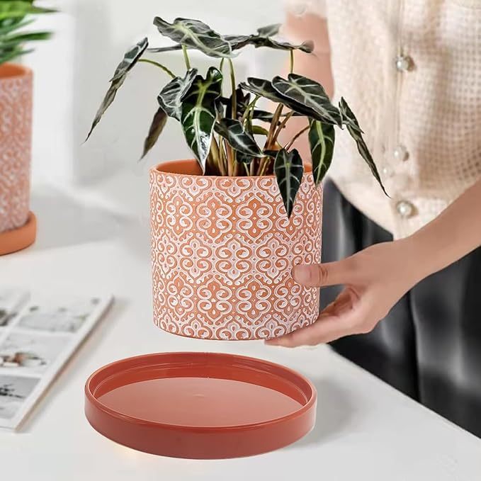 Yukfona 2 Pack Ceramic Plant Saucer Pot Tray 8.5 Inch, Planter Saucers 6 7 8 9 10 11 12 15 Inch, Durable Sturdy Flower Drainage drip Water Tray for Glazed Pots Base (8.5 Inch- Red Terracotta)