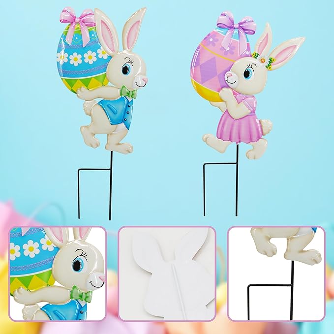 Yard Sign Stakes Made of Metal, Easter Yard Stakes with Bunny Egg for Easter Decorations Outdoor Garden Lawn Porch