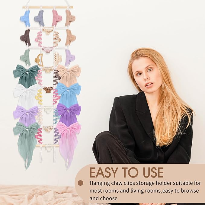 SNOWSTAR Macrame Hair Claw Clip Organizer,Hanging Hair Clip Holder and Storage for Women Girls,7-Layer Grid Claw Clip Hanger Home Decor for Wall,Door,Close