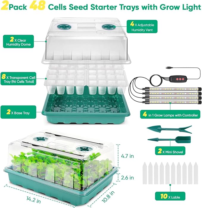 96 Cell Seed Starter Tray with Grow Light, Seed Starter Kit with Adjustable Humidity Dome, Seed Starting Trays Plant Starter Kit for Seeds Growing Starting, Indoor Gardening, Greenhouse