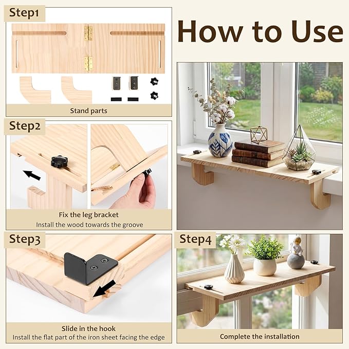 1 Pcs Natural Window Sill Plant Shelf for Plants 21.7 x 7.1 x 5.9 Inch Windowsill Extender Window Plant Floating Shelves No Drilling Wooden Bracket for Cat Perch Planters (Right Angle)