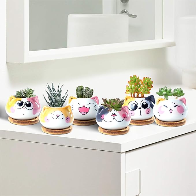 Succulent Pots with Drainage 3.6 Inch Mini Cat Pots for Plants Tiny Animal Planter Small Ceramic Air Plant Flower Pots Cactus Faux Planters Containers with Bamboo Tray