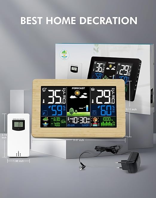Weather Station Wireless Indoor Outdoor, Digital Thermometer with Remote Sensor, Large Display Home Weather Stations with Weather Forecast, Atomic Clock, Barometric Pressure, Moon Phase