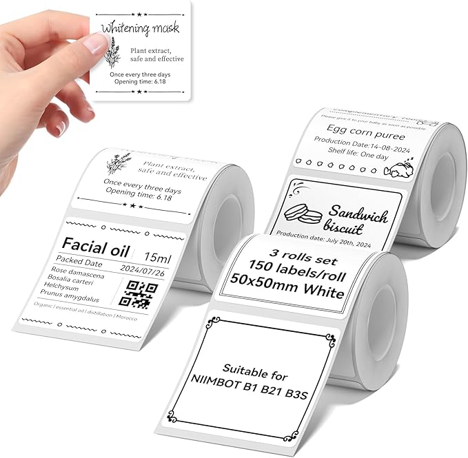NIIMBOT Labels 3 Rolls Set for B1/B21/B31 Sticker Printer, 50x50mm (1.97'' x 1.97'') 150 Labels/Roll, Refill Labeling Tape for Home School Office Small Business (White)