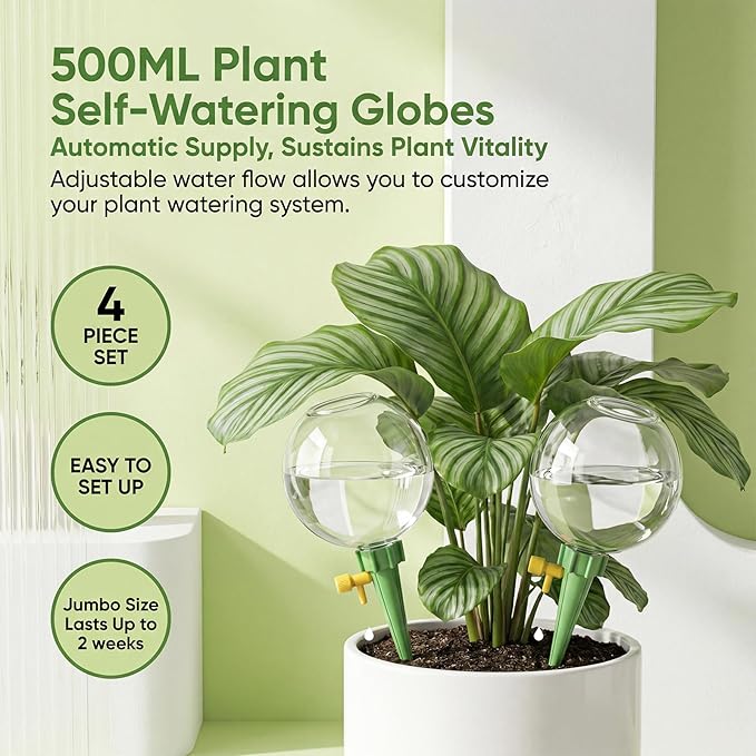 4-Pack 17.5oz Self Watering Globes with Covers – Automatic Plant Watering Bulbs, Slow-Release Irrigation Spikes for Indoor/Outdoor Potted Plants, Vacation Watering System, Top-Fill, Fits Most Pots