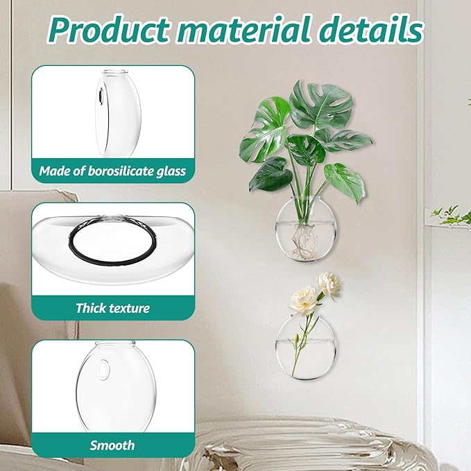 Wall Vases, Wall Hanging Planter Propagation Station, Glass Walls Vase for Flower Propagating Hydroponics Plants, Home Office Decor Present (2 Pcs)