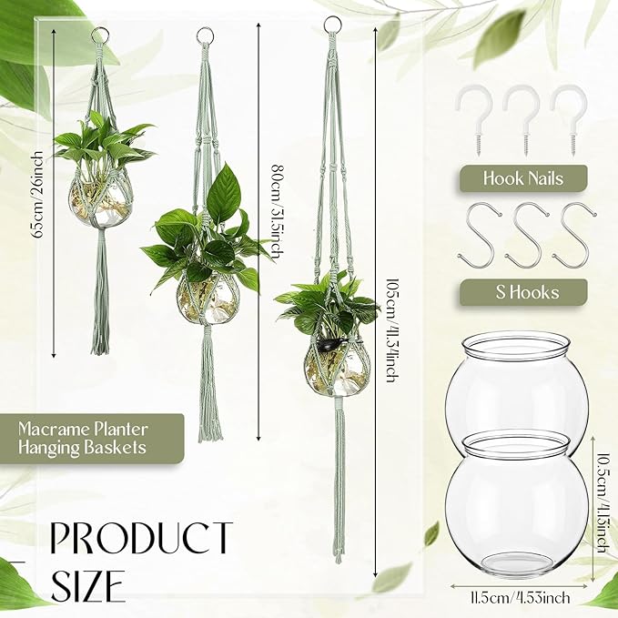 Colingmill 6 Pcs Plastic Plant Propagation with Boho Macrame Hanger Wall Plant Propagation Station Hanging Holder Include Hooks Kit for Indoor Home Garden Office Decor 3 Size (Sage Green)